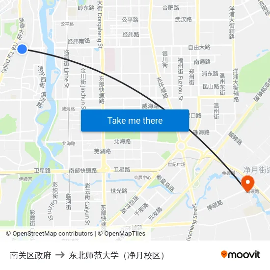 南关区政府 to 东北师范大学（净月校区） map
