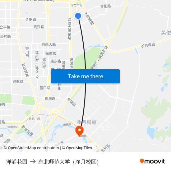洋浦花园 to 东北师范大学（净月校区） map