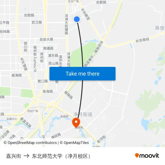 嘉兴街 to 东北师范大学（净月校区） map
