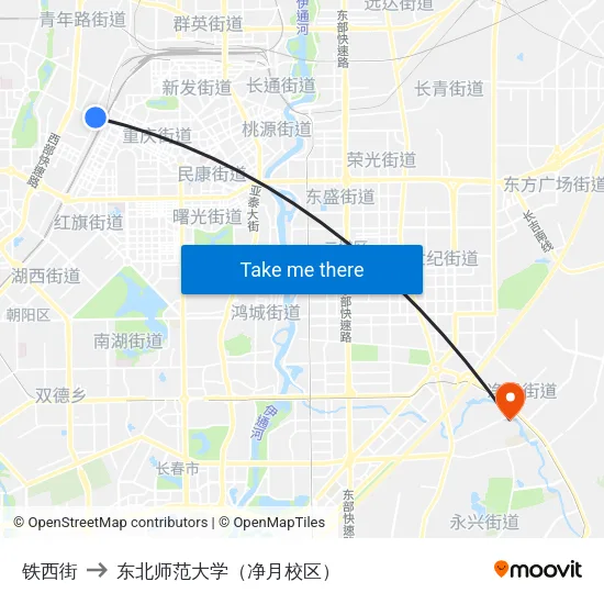 铁西街 to 东北师范大学（净月校区） map