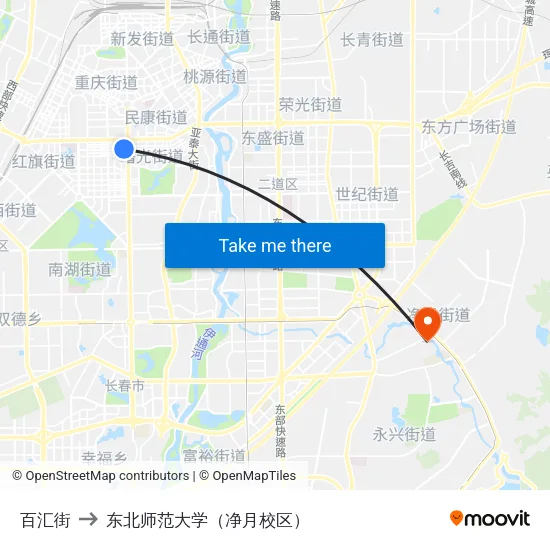 百汇街 to 东北师范大学（净月校区） map