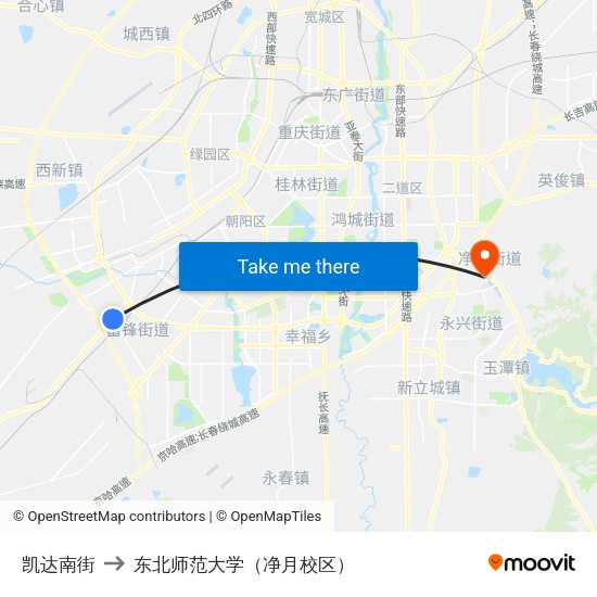 凯达南街 to 东北师范大学（净月校区） map