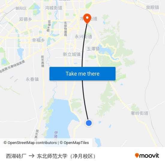 西湖砖厂 to 东北师范大学（净月校区） map