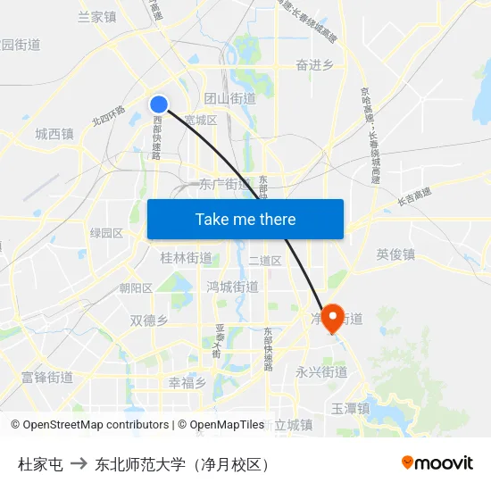 杜家屯 to 东北师范大学（净月校区） map
