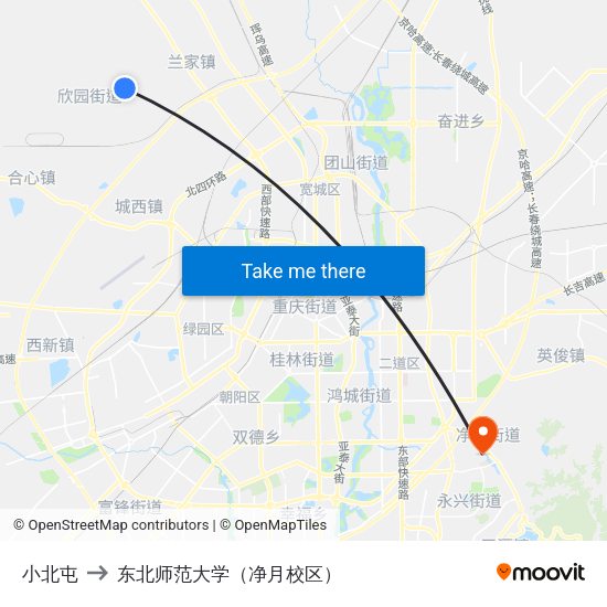 小北屯 to 东北师范大学（净月校区） map