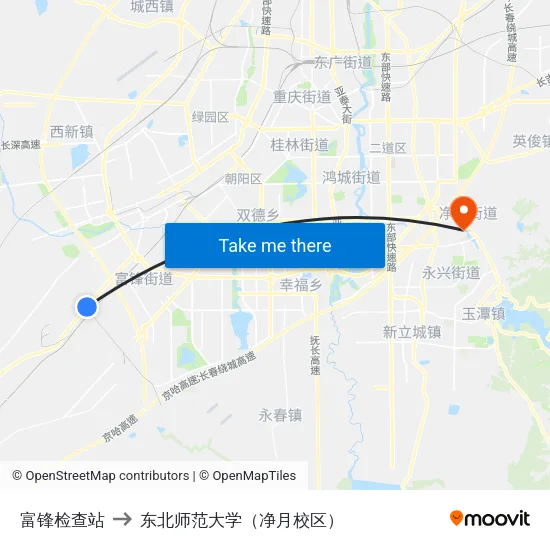 富锋检查站 to 东北师范大学（净月校区） map