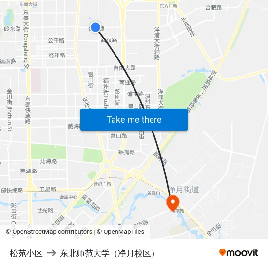 松苑小区 to 东北师范大学（净月校区） map