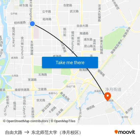 自由大路 to 东北师范大学（净月校区） map