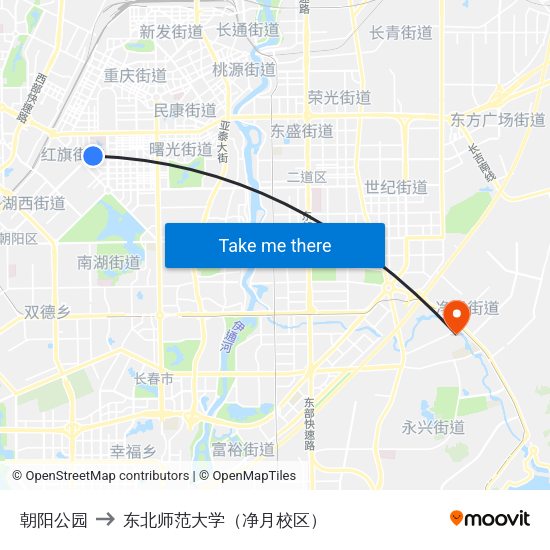 朝阳公园 to 东北师范大学（净月校区） map