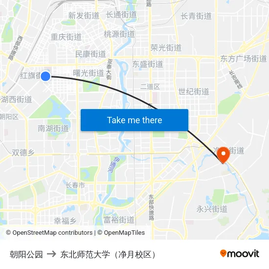 朝阳公园 to 东北师范大学（净月校区） map