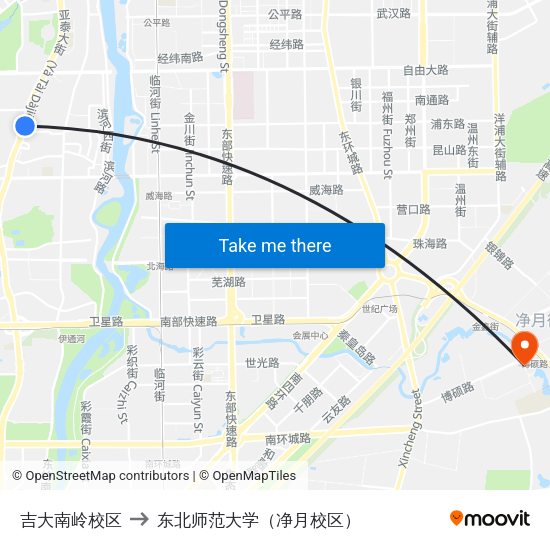 吉大南岭校区 to 东北师范大学（净月校区） map