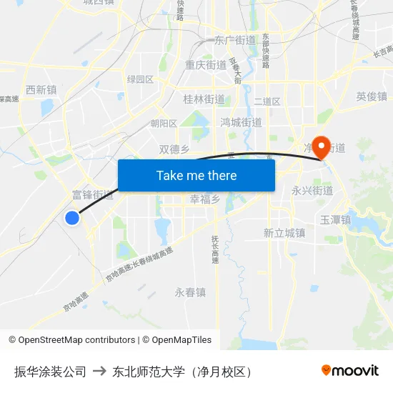振华涂装公司 to 东北师范大学（净月校区） map