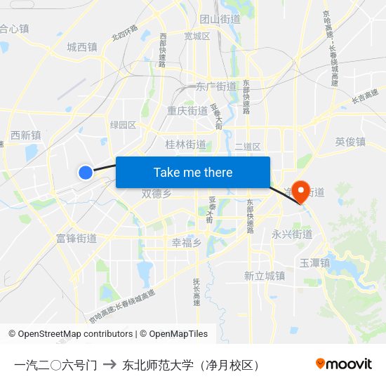 一汽二〇六号门 to 东北师范大学（净月校区） map
