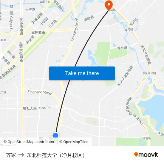 齐家 to 东北师范大学（净月校区） map