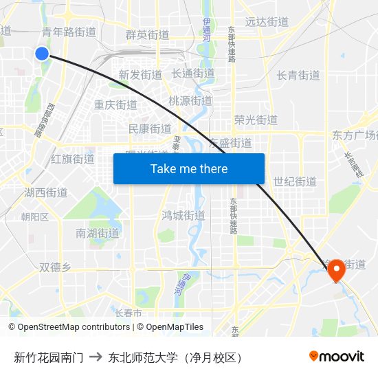 新竹花园南门 to 东北师范大学（净月校区） map