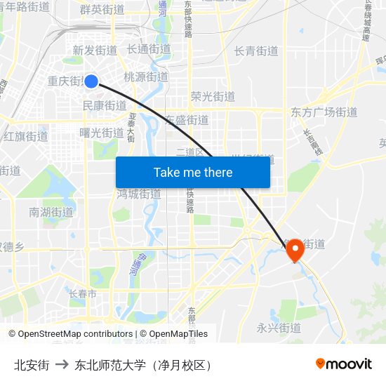 北安街 to 东北师范大学（净月校区） map