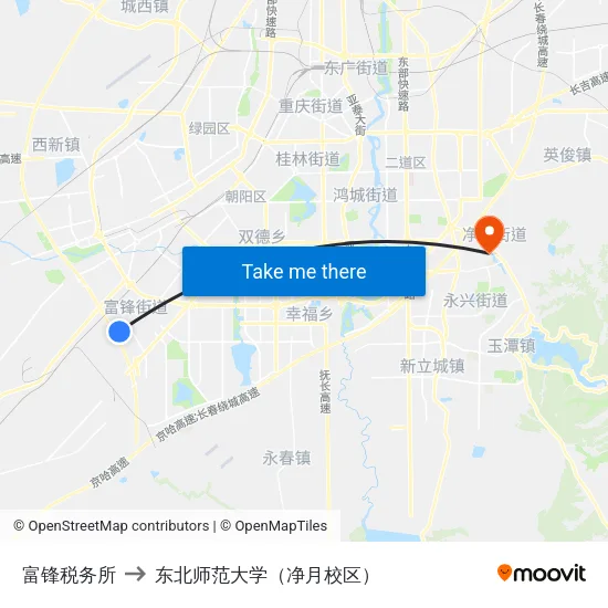 富锋税务所 to 东北师范大学（净月校区） map