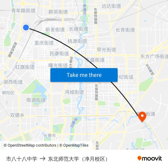 市八十八中学 to 东北师范大学（净月校区） map