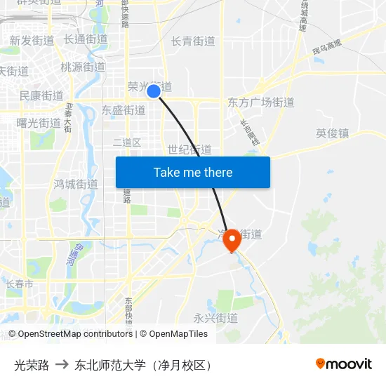 光荣路 to 东北师范大学（净月校区） map