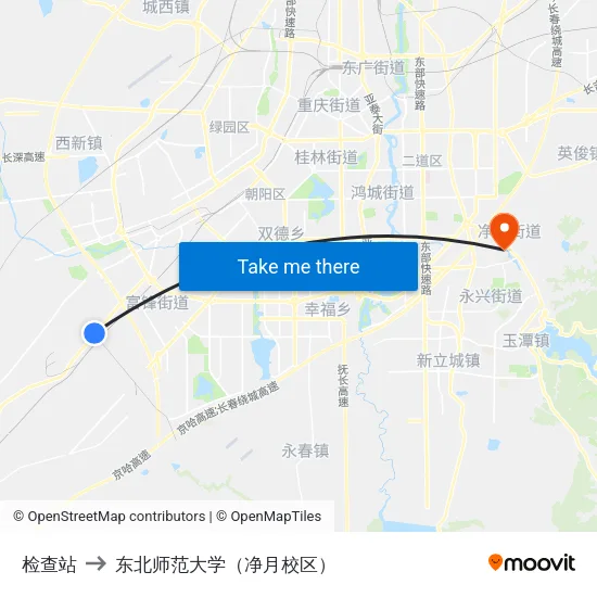 检查站 to 东北师范大学（净月校区） map