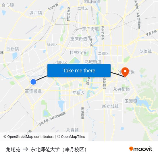 龙翔苑 to 东北师范大学（净月校区） map