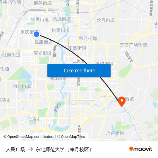 人民广场 to 东北师范大学（净月校区） map