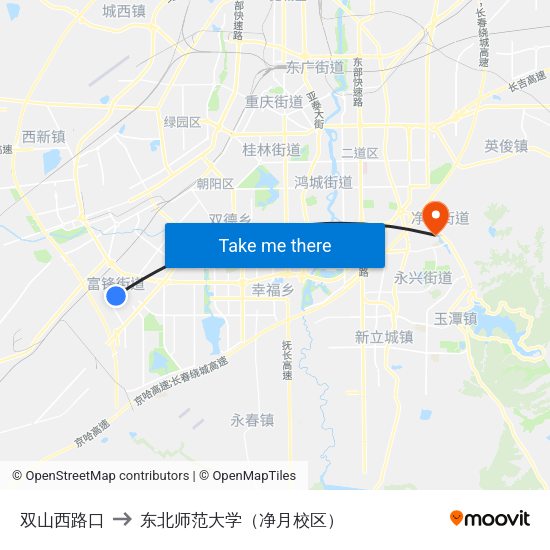 双山西路口 to 东北师范大学（净月校区） map