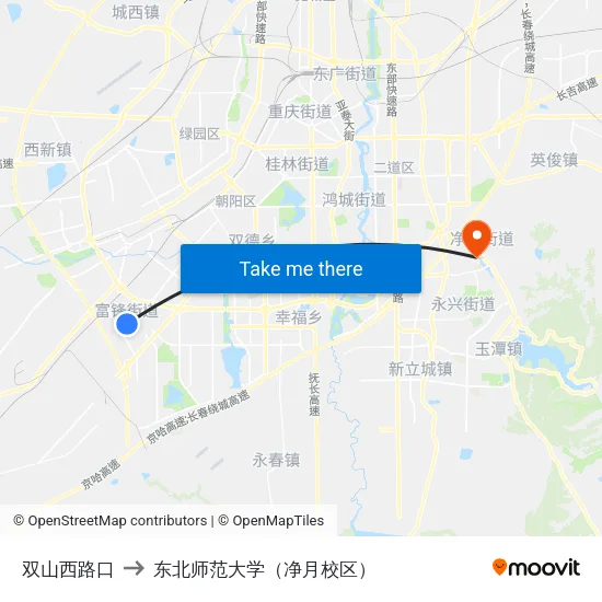 双山西路口 to 东北师范大学（净月校区） map