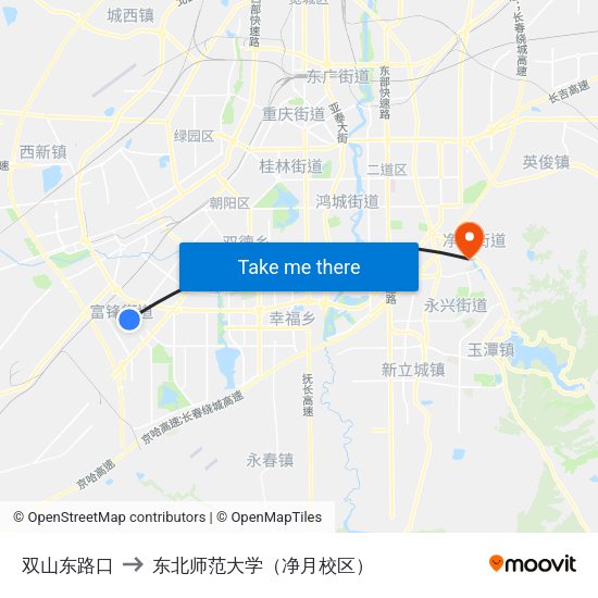 双山东路口 to 东北师范大学（净月校区） map