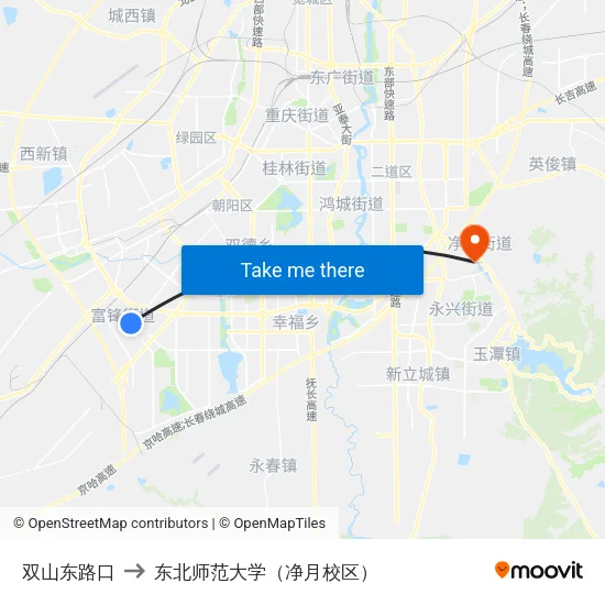 双山东路口 to 东北师范大学（净月校区） map