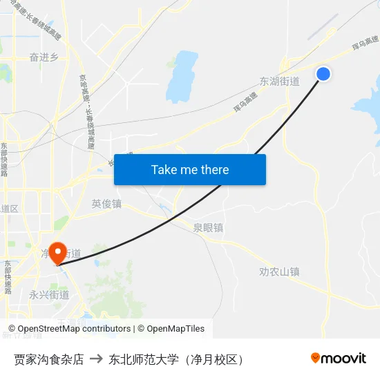 贾家沟食杂店 to 东北师范大学（净月校区） map