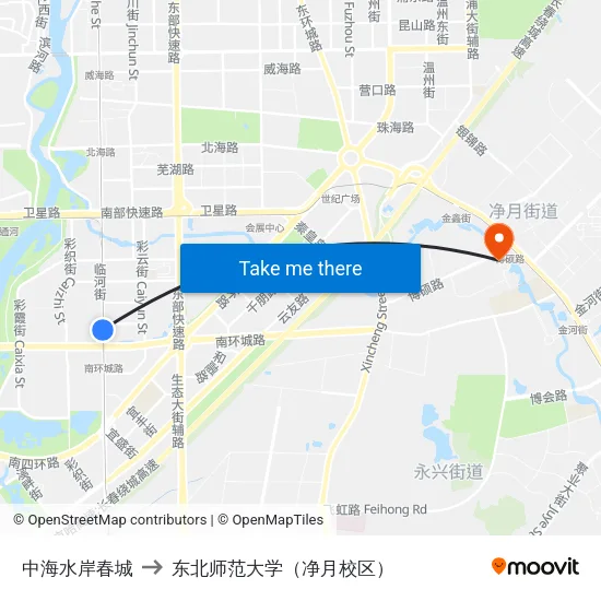 中海水岸春城 to 东北师范大学（净月校区） map