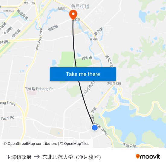 玉潭镇政府 to 东北师范大学（净月校区） map