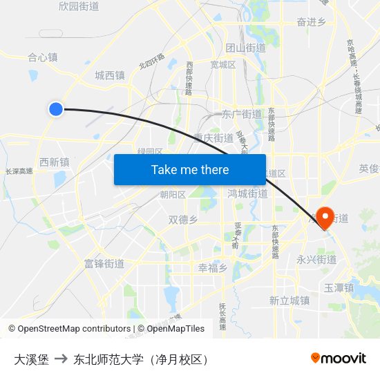 大溪堡 to 东北师范大学（净月校区） map