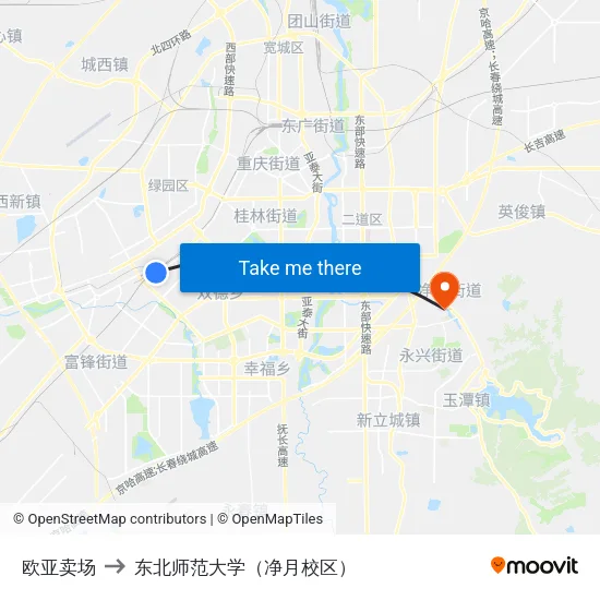 欧亚卖场 to 东北师范大学（净月校区） map