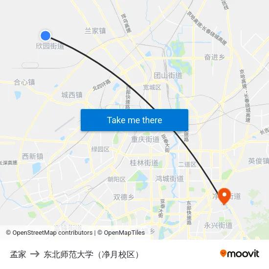 孟家 to 东北师范大学（净月校区） map