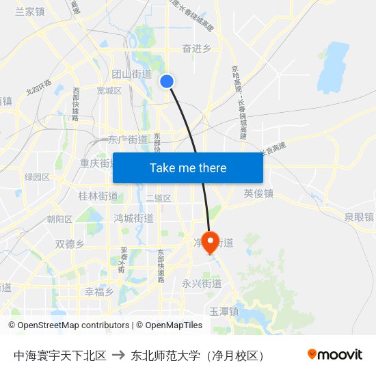 中海寰宇天下北区 to 东北师范大学（净月校区） map