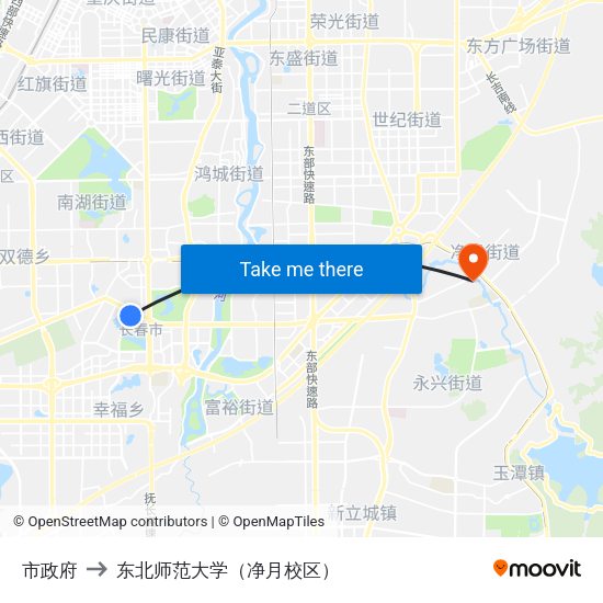市政府 to 东北师范大学（净月校区） map