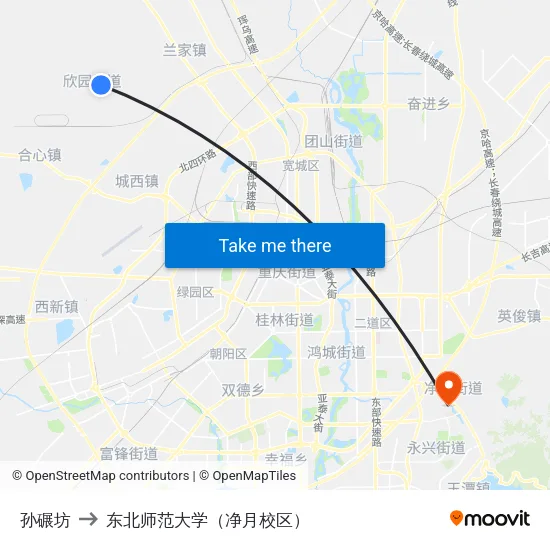 孙碾坊 to 东北师范大学（净月校区） map