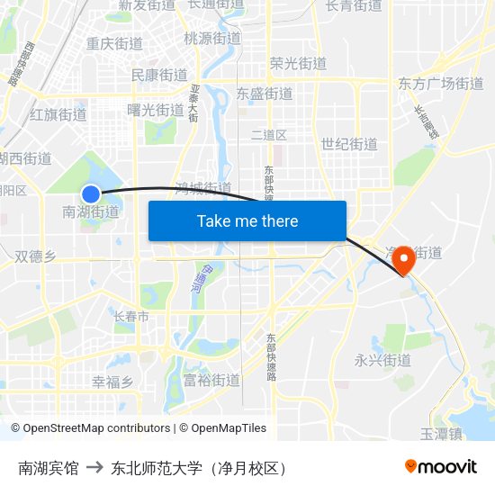 南湖宾馆 to 东北师范大学（净月校区） map