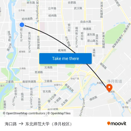 海口路 to 东北师范大学（净月校区） map