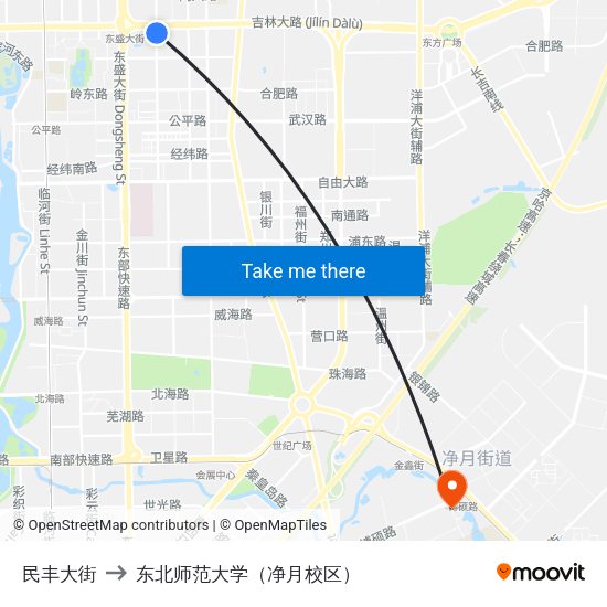 民丰大街 to 东北师范大学（净月校区） map