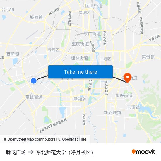 腾飞广场 to 东北师范大学（净月校区） map