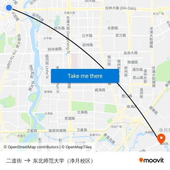 二道街 to 东北师范大学（净月校区） map