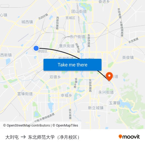 大刘屯 to 东北师范大学（净月校区） map