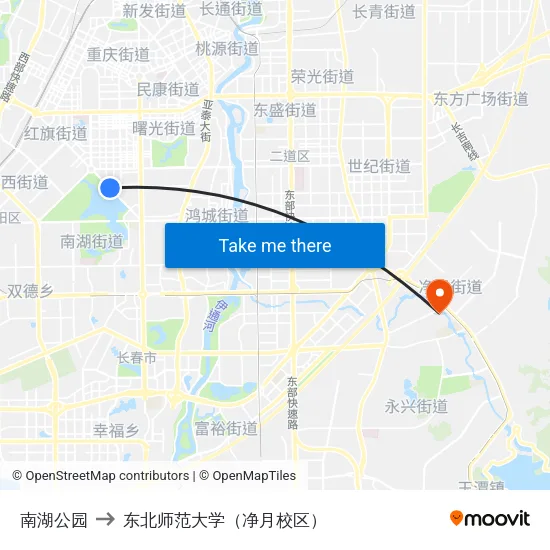 南湖公园 to 东北师范大学（净月校区） map