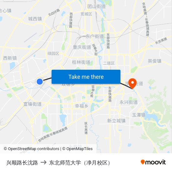 兴顺路长沈路 to 东北师范大学（净月校区） map