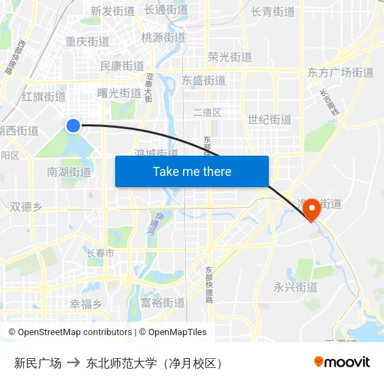新民广场 to 东北师范大学（净月校区） map