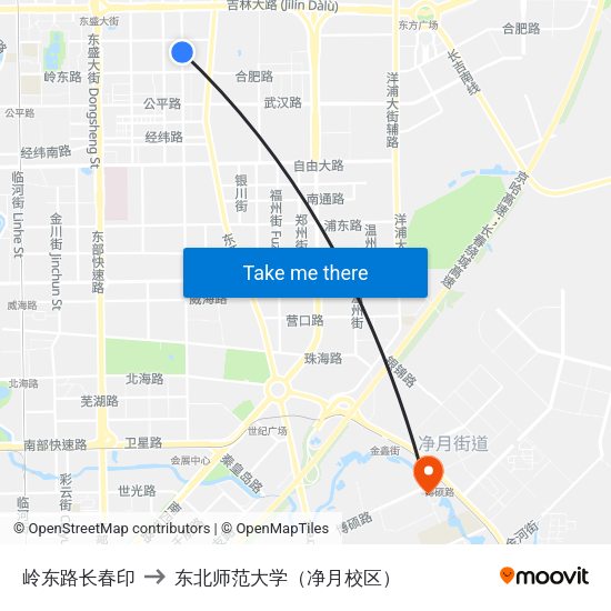 岭东路长春印 to 东北师范大学（净月校区） map