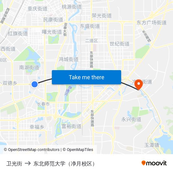 卫光街 to 东北师范大学（净月校区） map